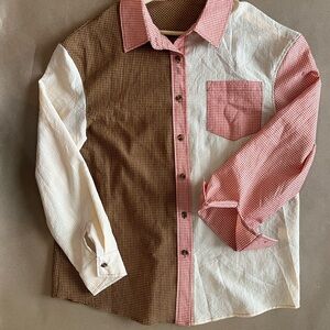 Cream and Brown Button Down Shirt with Color-Block Design